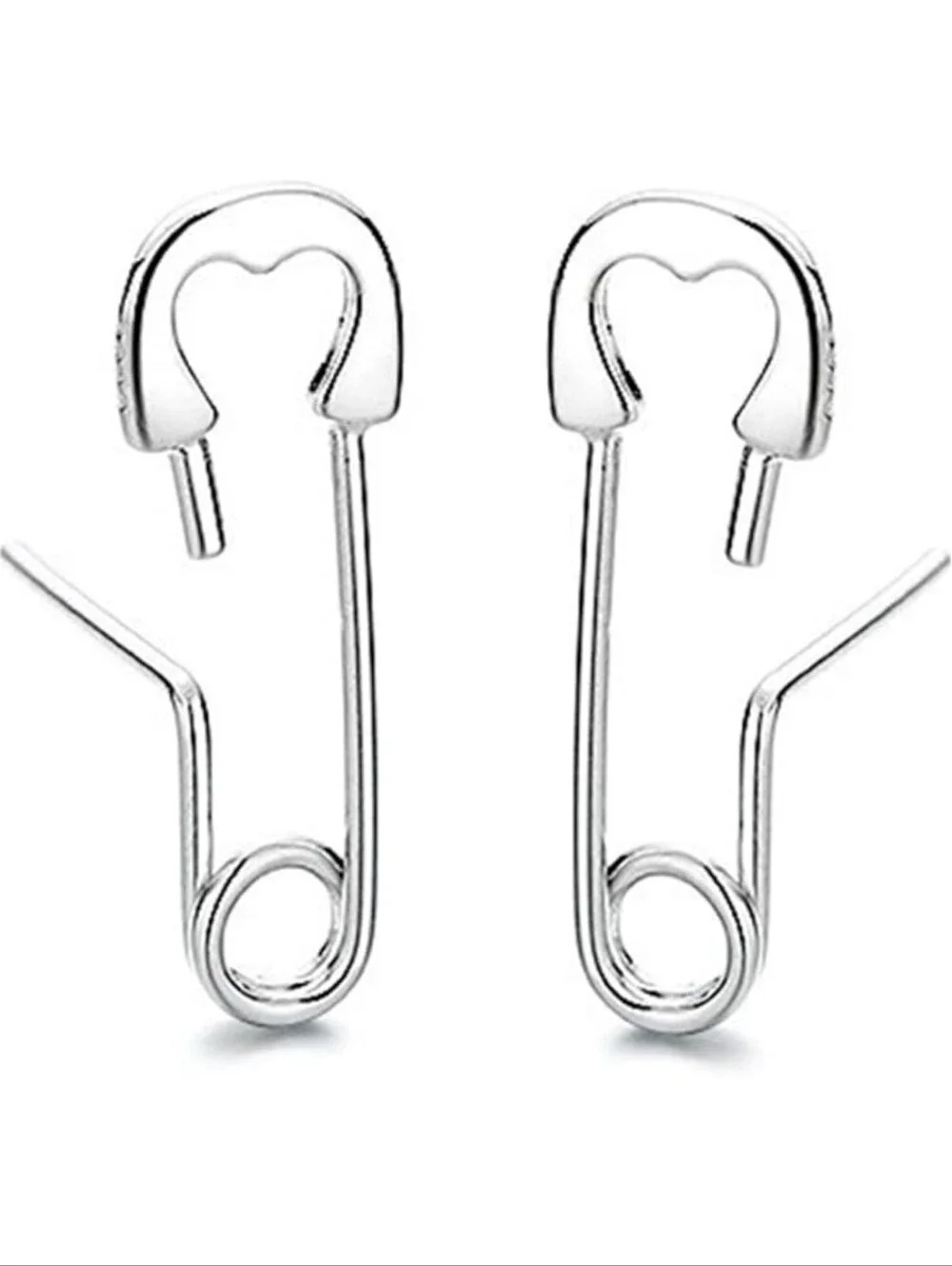 Sterling Silver Heart Safety Pin Earrings - Minimalist Silver Polish